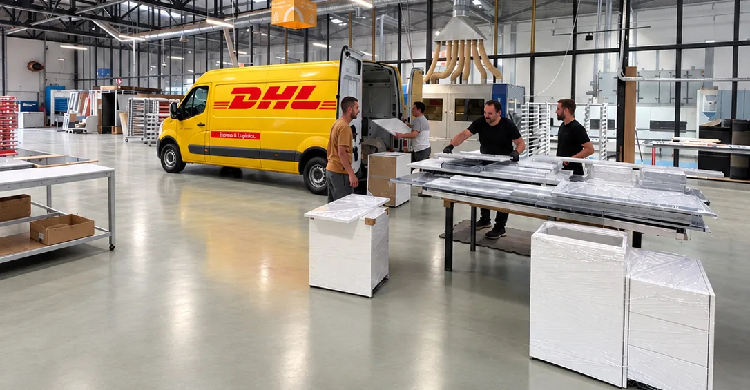 A DHL Express van loaded with wrapped furniture units inside the CANDEO plant